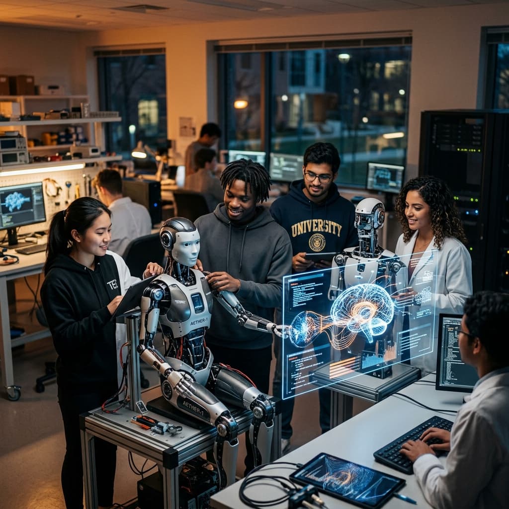Students working on AI and robotics in a university lab
